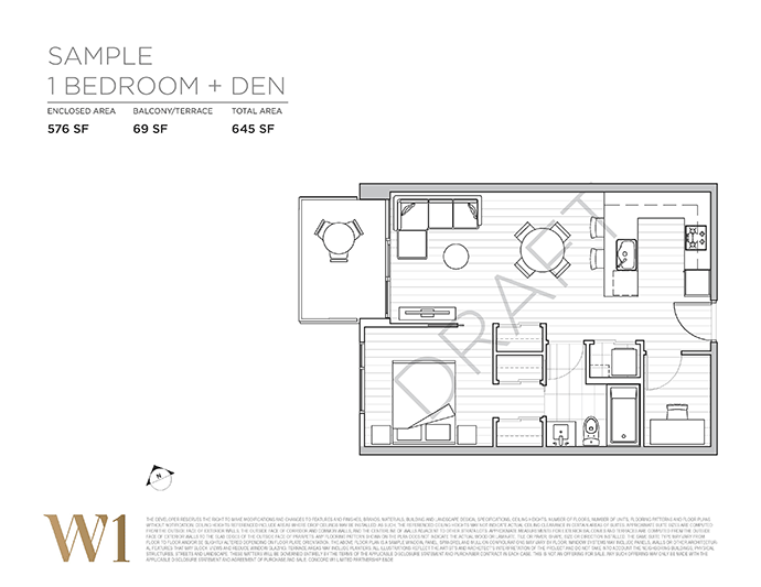 Sample 1 bedroom W1 floor plan.