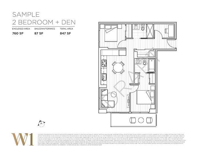 Draft W1 floorplan with 2 bedrooms and den.
