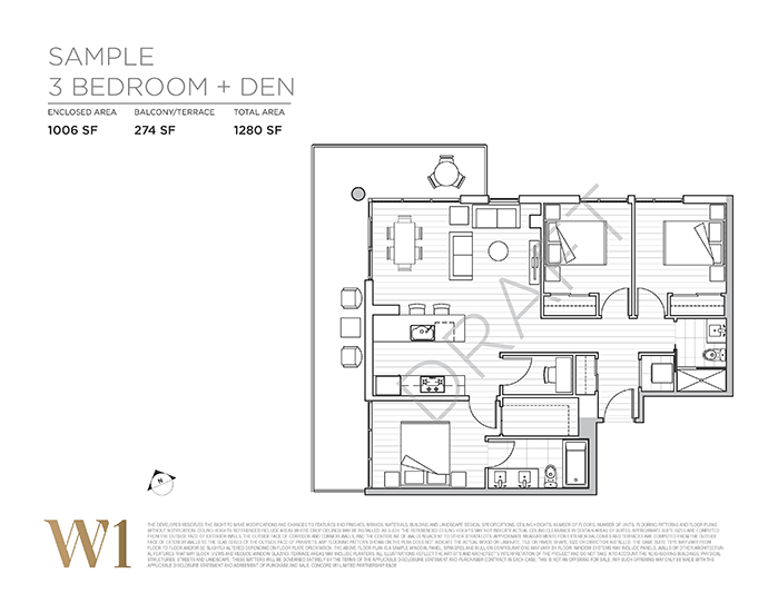 Sample 3 Bedroom W1 Vancouver condo layout.