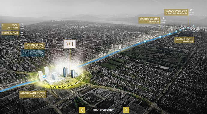 The new Vancouver W1 Condos are located next to the Marine Drive Canada Line SkyTrain Station.