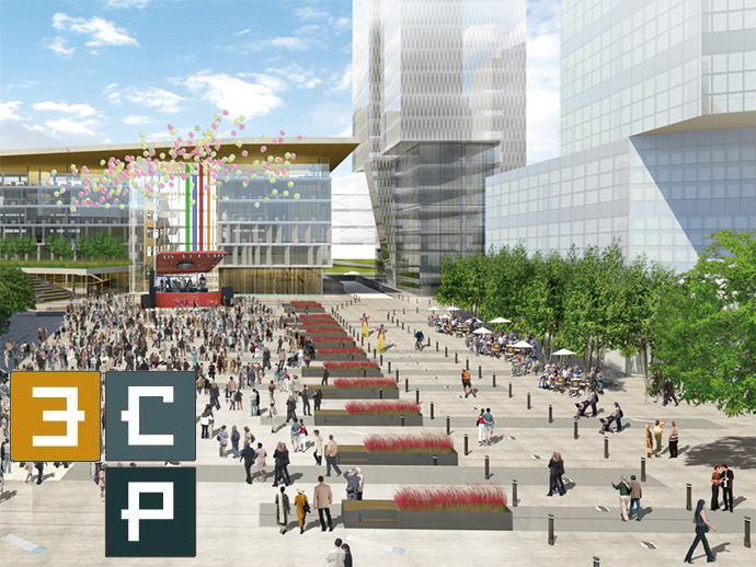 Premium condos at Surrey 3 Civic Plaza VIP Launch - rendering of the 3CP Plaza.