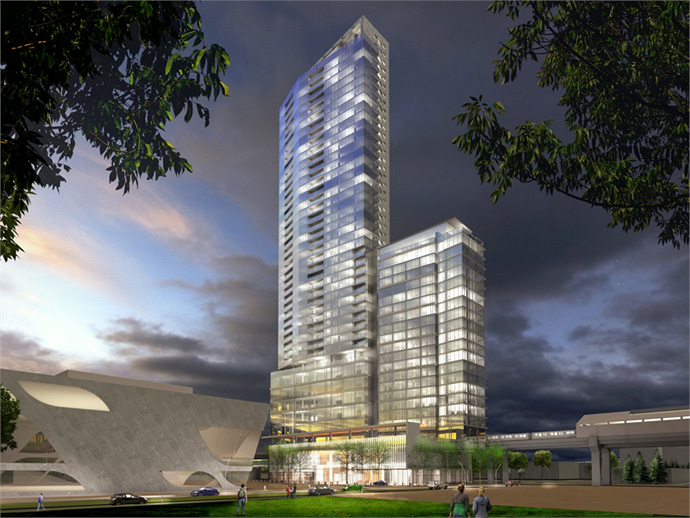 Night time rendering of the pre-construction Surrey 3 Civic Plaza Hotel + Residence highrise.