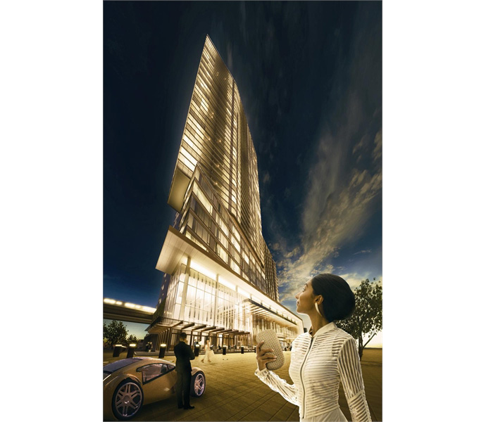 Amazing perspective of the Cotter Architects designed 3 Civic Plaza Surrey condo hotel tower which will become Surrey's tallest high-rise tower.