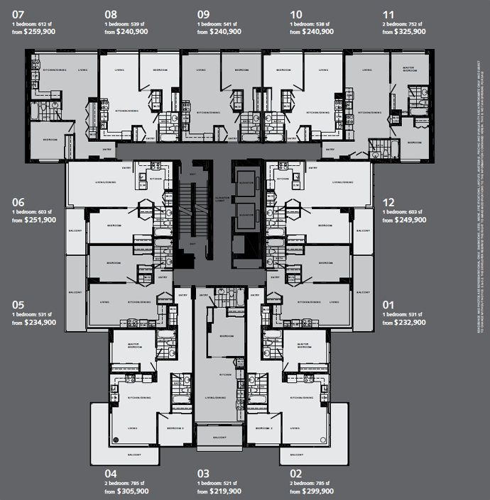 The 60 W Cordova Vancouver apartment building floorplate showcases a great selection of 1 to 2 bedroom layouts.