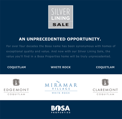 The BOSA Silver Living Condo Sales is now extended to the HighGate Village Esprit Burnaby real estate development as well as the waterfront White Rock Miramar Village condos.