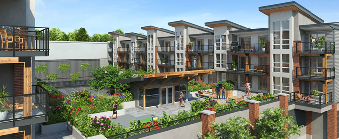 Beautiful rendering of this 4 storey mixed-use Marine Drive North Vancouver real estate development.