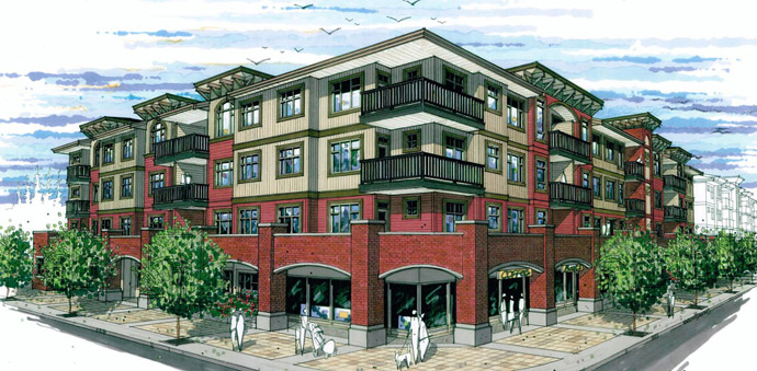Rendering for the pre-construction Maple Ridge Falcon Centre apartment building