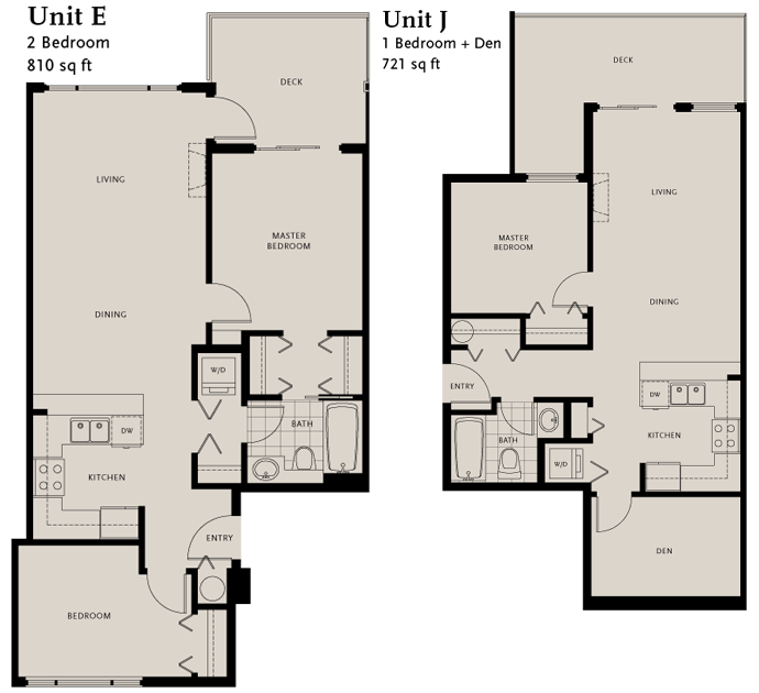 Two sample 1 and 2 bedroom floor plans at Kabana Burnaby real estate development.