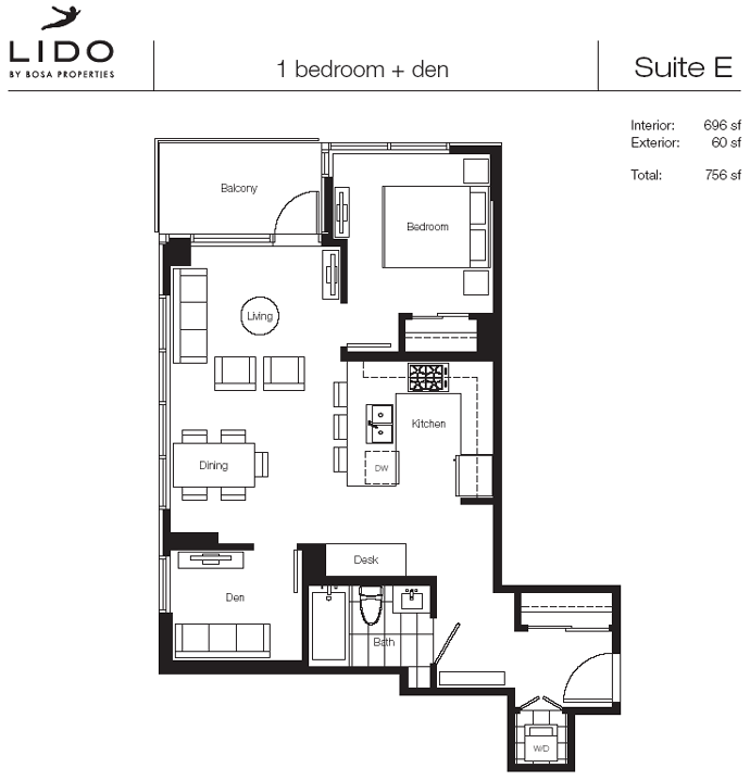 LIDO Floor Plan with 1 bedroom.