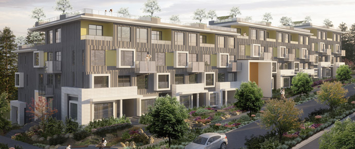New rendering for the preconstruction Burnaby LIFT Condos at UniverCity SFU district.