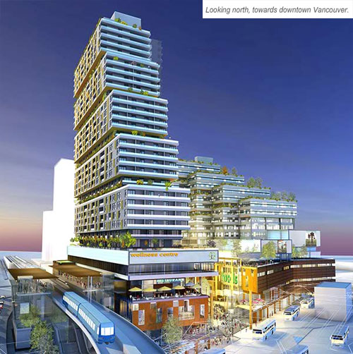North Elevation rendering for the massive Marine Gateway Vancouver residential, commercial and retail project proposal at the Canada Line Marine Drive Station.
