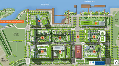 Site Plan of the masterplanned southeast False Creek Vancouver real estate development called Millennium Water condominiums.