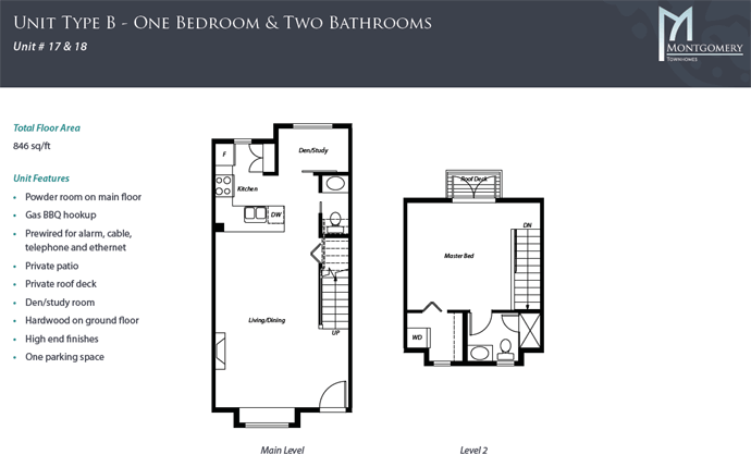 Boutique Vancouver Montgomery floorplans with 1 bedroom and 1.5 bathrooms.