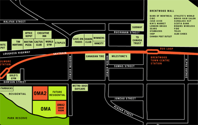 Map of the OMA and OMA 2 Condo Towers in Brentwood Neighbourhood in Burnaby BC