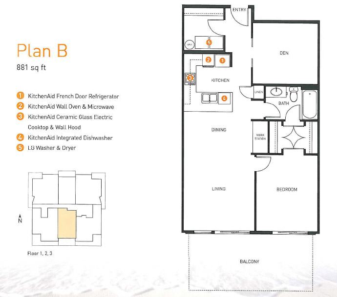 1 Bedroom and Den Promenade White Rock condominium floor plan.
