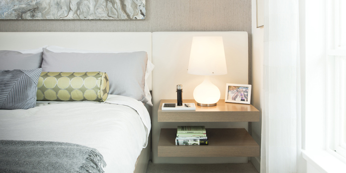 Beautiful bedroom design at the Portico Design Group's RILEY Coquitlam townhome project by MOSAIC Homes.