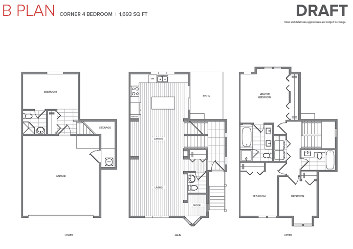 RILEY Floor Plan B which is a corner 4 bedroom Coquitlam townhouse layout.