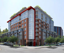 A rendering of the Social Vancouver condos that feature family townhomes as well.