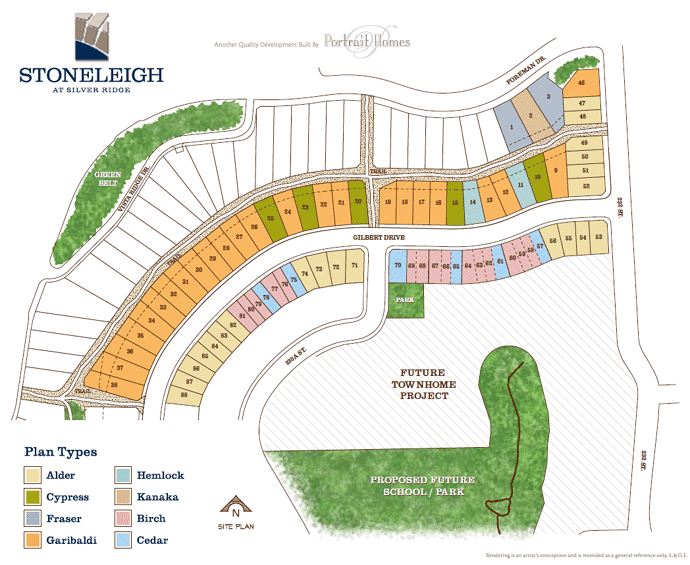 Site plan for the Maple Ridge Stoneleigh at Silver Ridge award winning community by Portrait Homes custom builders