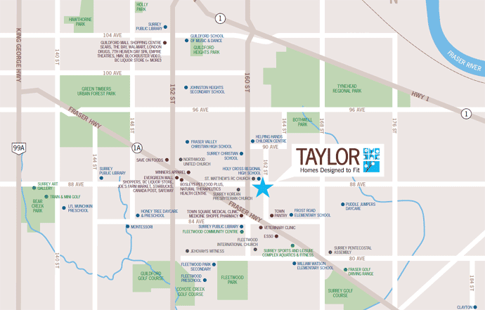 The location map of the Fleetwood Surrey real estate neighbourhood surrounding Taylor Townhomes.