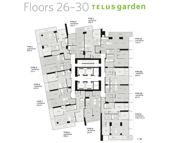 Larger suites and fewer units per floor plate as you get higher in the 53 storey Telus Gardens condominium high-rise