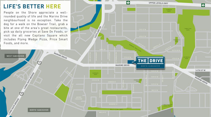 The future redevelopment of the North Vancouver Marine Drive District starts at The Drive apartments.