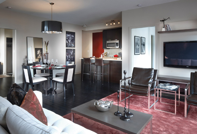 The living space rendering at The One False Creek Vancouver apartments for sale.