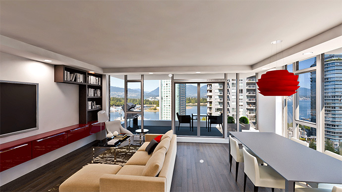 The Vancouver Views Coal Harbour Penthouse living space with Lutron Home Automation system and premium hardwood flooring. Image Credit: Brooke Shaden