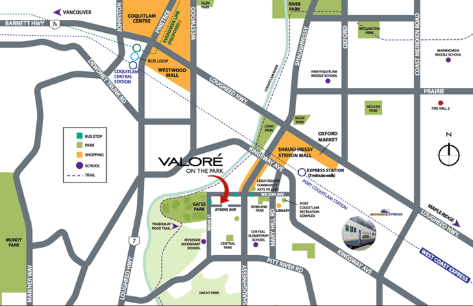 The Valore condos are just a seven minute walk to the West Coast Express.