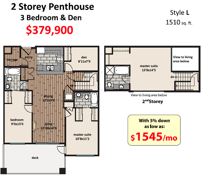 A 2 storey Yorkson Creek Langley penthouse floorplan.