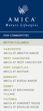 Mature lifestyle living at the Amica of West Vancouver retirement homes for active seniors and retired couples.  These West Van retirement communities at Amica provide the best in all facets of retired lifestyles.